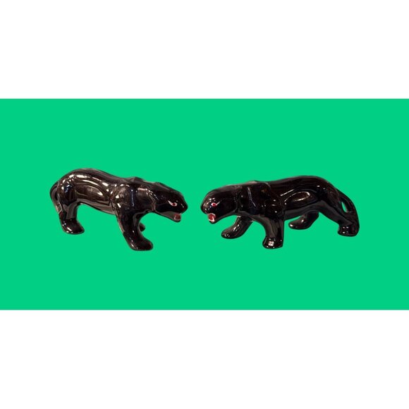 1950s Vintage Black Panther Ceramic Figurine Pair MCM Jungle Décor Vtg Stalking - Picture 1 of 8